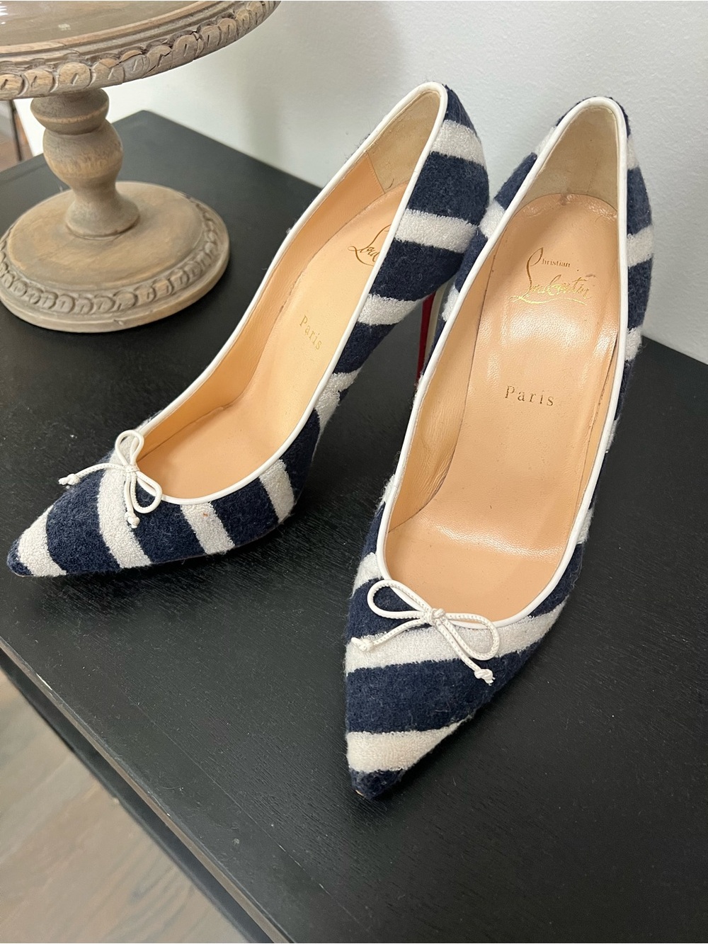 Christian Louboutin Navy and White Striped Pointed Toe Pumps